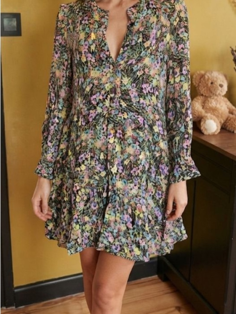 Zara Floral Long-Sleeve Mini Dress in Green with Multicolor Flowers